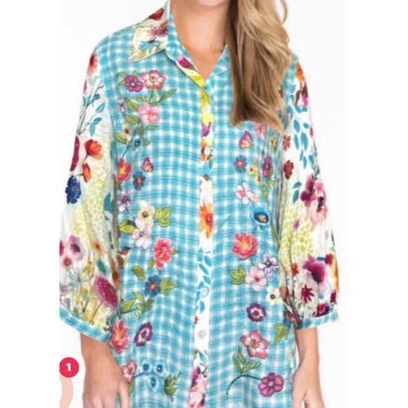 New John Mark Womens Medium Hummingbird Floral Lagenlook Button-Up Shirt Artsy - Picture 13 of 14